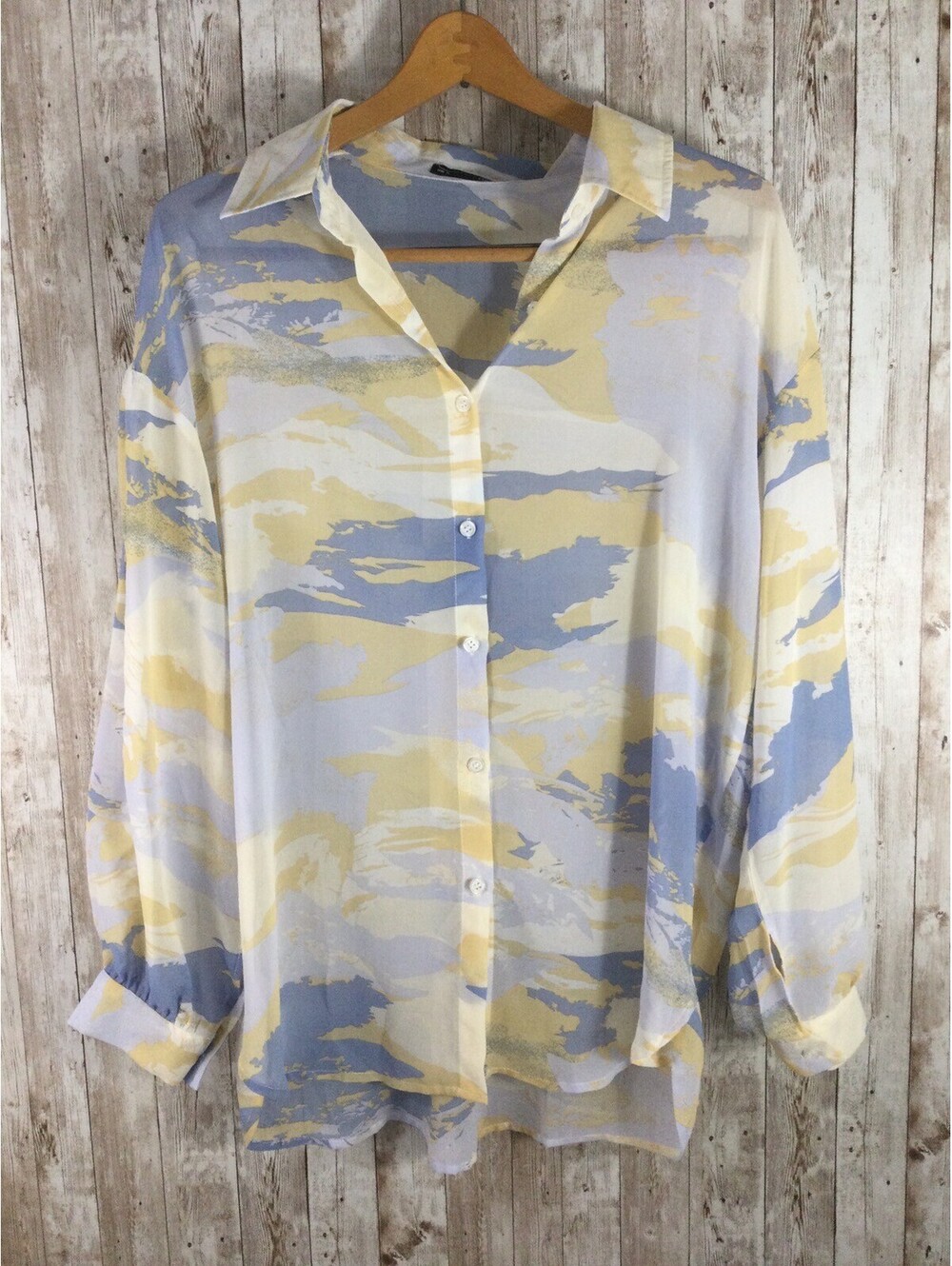 Dazy Abstract Chiffon Blouse Women’s XL White Blue Yellow Sheer Long Sleeve Art